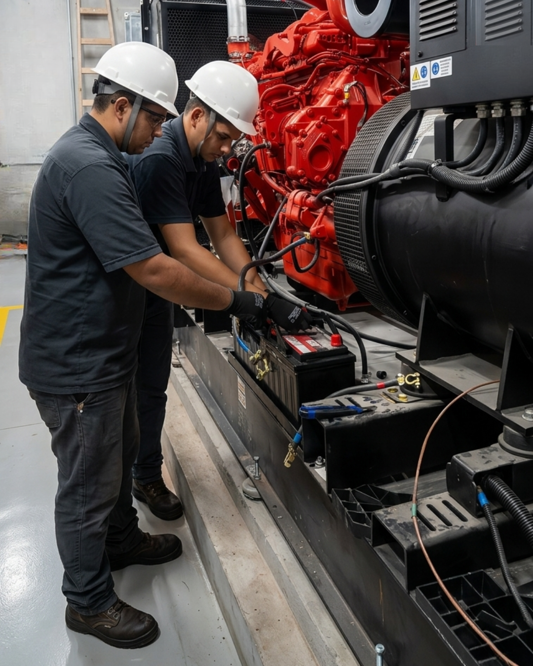 Equipe técnica Tesch Energia realizando manutenção em grupo gerador
